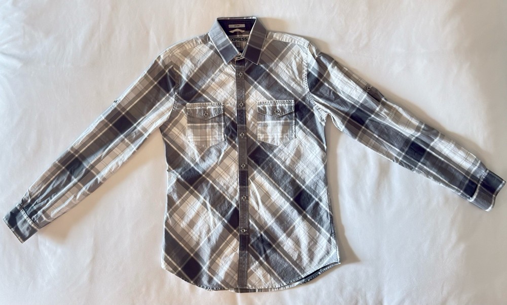Express Men’s Small Fitted Gray Plaid Long Sleeve Button Front Dress Shirt