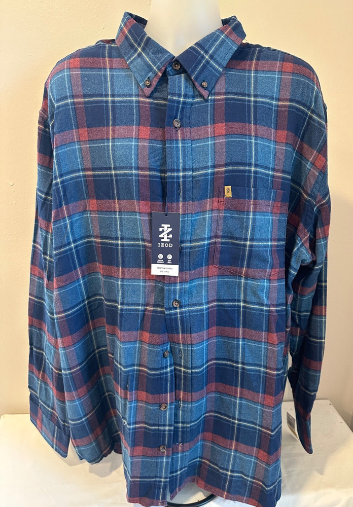 Izod Stratton Flannel L/S Button Front Shirt Blue Multi Plaid Size 3XLT,XXXLT