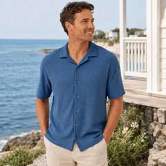 Cove Mens Ribbed Textured Button Front Shirt Sz L Blue Stretch Coastal Resort