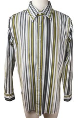Basic Law Mens Large Button Front Shirt Black Gray Yellow Stripe Casual L