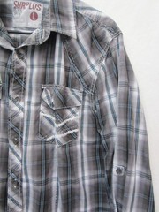 Surplus Mens Long Sleeve Large Button Down Black/Gray/ Blue Plaid Western Shirt