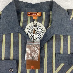 PRESTIGE Royal Size XL Mens Shirt Navy Stripes 100% Linen Sequin Embroidery NWT!