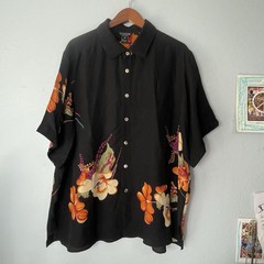 Citron Santa Monica Silk Shirt Mens 2XL Asian Floral Peacock Print Short Sleeve