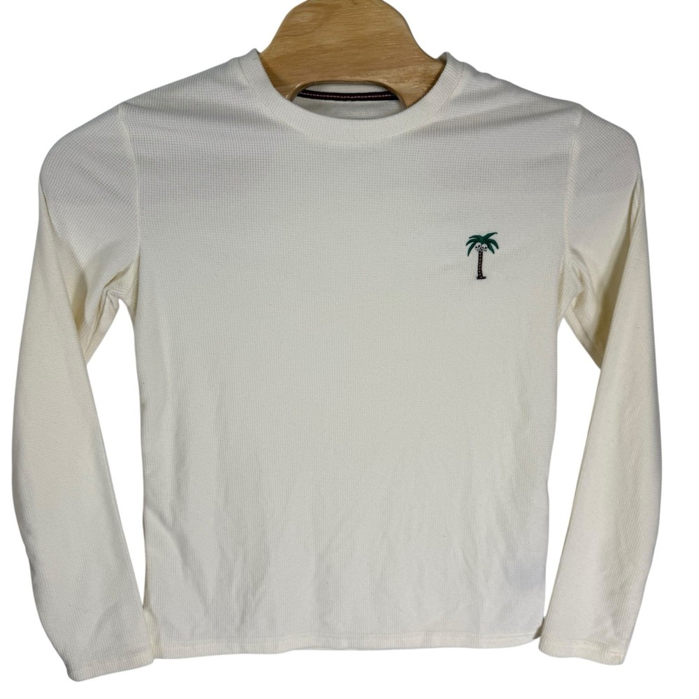 Public Record Men Small Ivory Palm Tree/Skulls Waffle Knit Crewneck Shirt