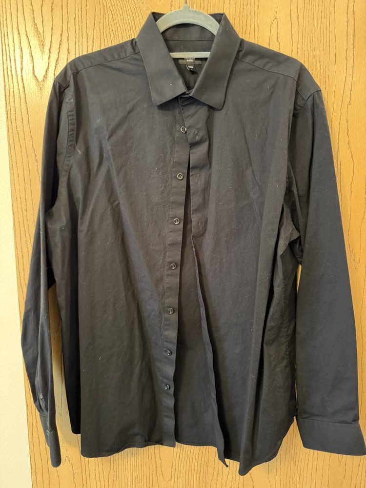 Express 1MX Regular Fit Black Solid Long Sleeve Button-Front Dress Shirt L