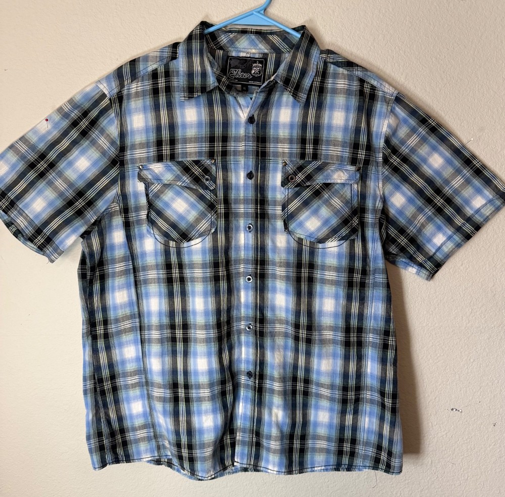 Elixir Men’s Button Up Shirt Western Pockets Size XL Short Sleeve Blue Plaid XL
