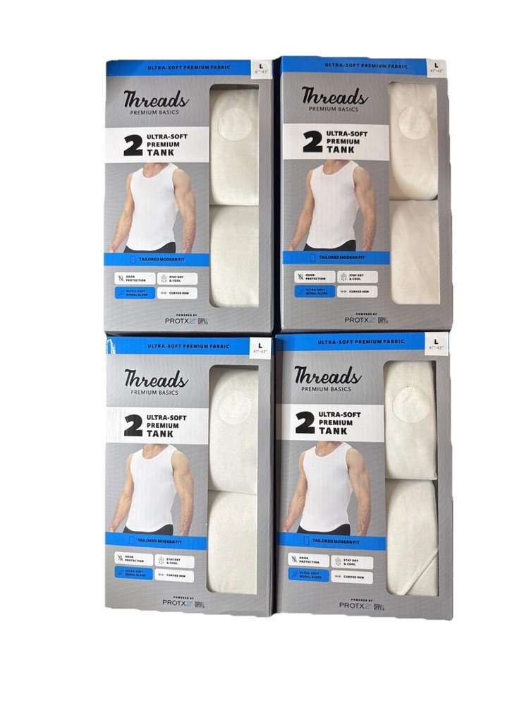 4X! Threads Premium Basics White Men’s Tank Tops 2-Pack Ultra-Soft Breathable L