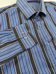 Bugatchi Shaped Fit Long Sleeve Button Down Mens M Blue Striped Flip Cuff