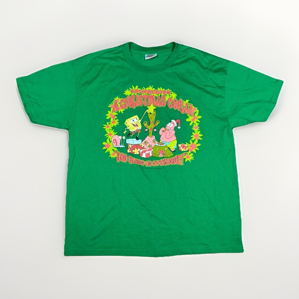 VTG Spongebob Squarepants Nickelodeon Christmas Men’s T Shirt Size Large Green