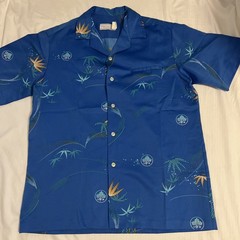 Vintage Mark Raysten Malihini Hawaiian Shirt Medium Blue Japanese Asian Theme