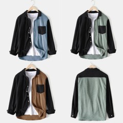 Men Corduroy Shirt Jacket Patchwork Asymmetrical Collar Blouse Relaxed Fit