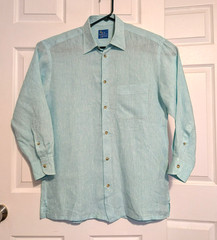 Ben Silver Charleston Shirt Mens Medium Aqua Blue 100% Linen Long Sleeve Button