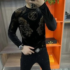 Luxury Men Fashion Lion Golden Velvet Rhinestone Diamond Long Sleeve T-Shirt