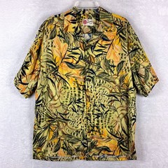 VTG Hilo Hattie Hawaiian Shirt Men L Yellow Green Leaf AOP Rayon Camp Aloha USA