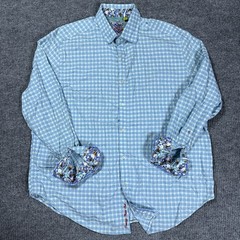 Robert Graham Shirt 2XL Men Button Front Blue Gingham Plaid Paisley Cuffs Cotton