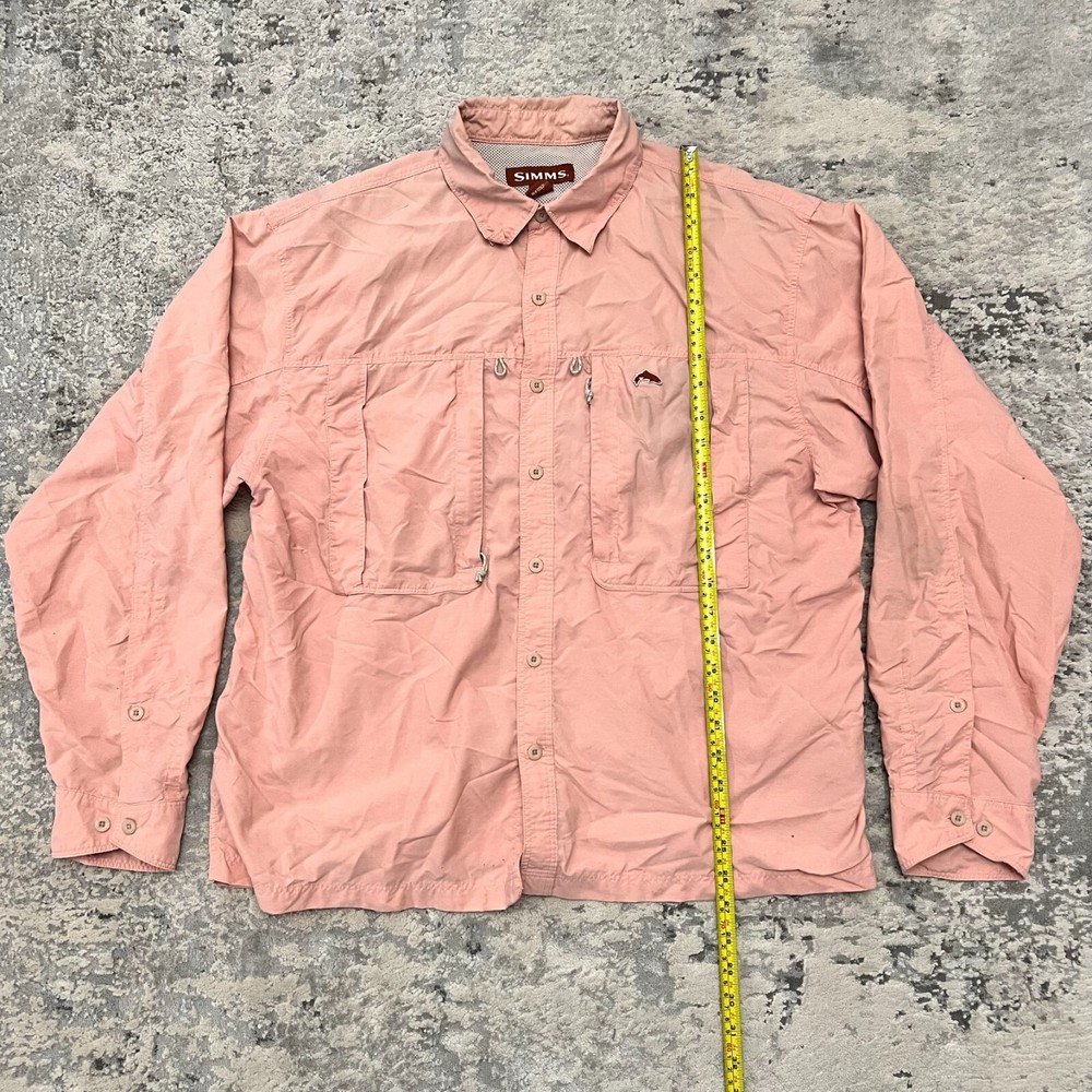 Mens Large Simms Button Down Vented Fishing Shirt Pink Cargo Chest Pocket