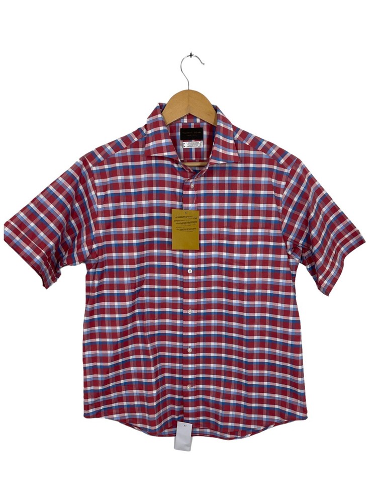 Thomas Dean Men’s Button Down Shirt Short Sleeve Plaid Red Blue Size Medium New