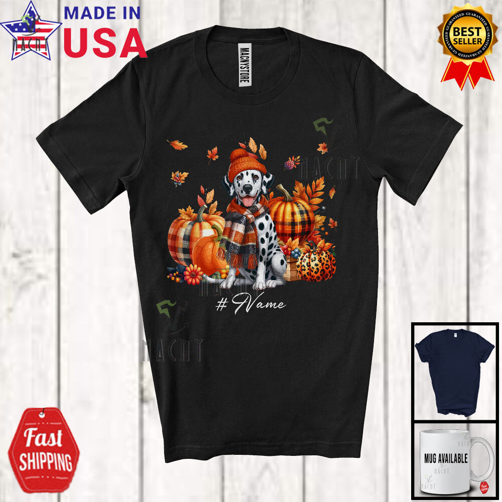Custom Name Dalmatian Plaid Pumpkins; Thanksgiving Fall Leaves; Family T-Shirt