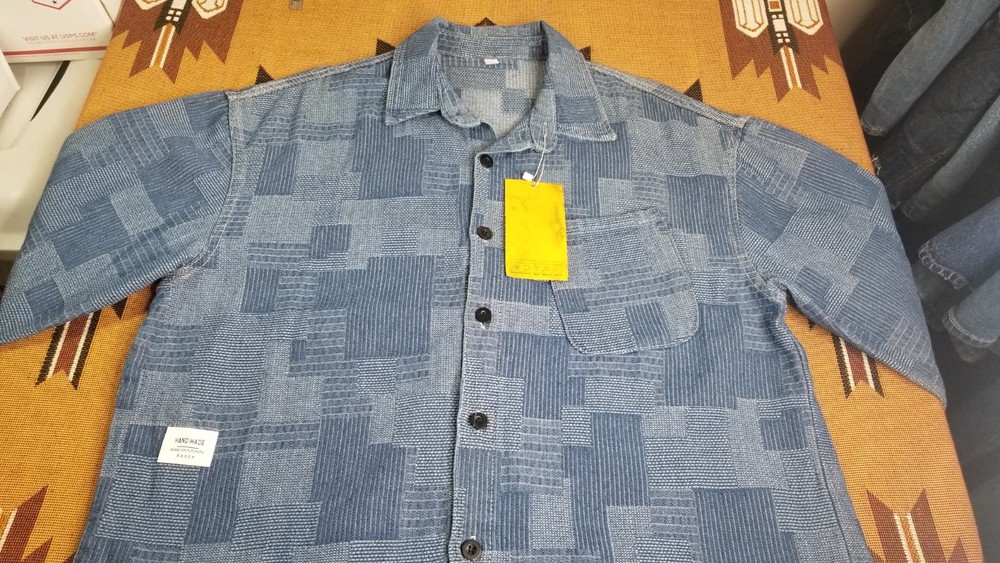 Plaid Patchwork Amekaji Workwear Ametora Japanese Sashiko LS Blue Denim Shirt