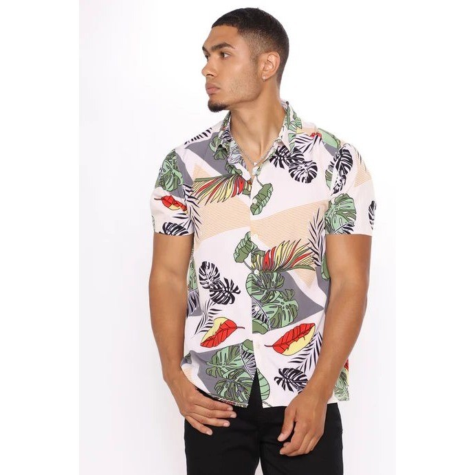 Good Vibes Tropical Leaf Button Down Shirt Mens Small Stretch Casual