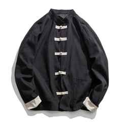 Chinese Tang Suit Men Kungfu Shirt Wing Chun Loose Jacket Pocket Frog Button New