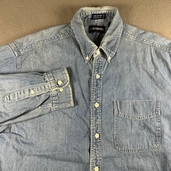 John Henry Mens Large Blue Denim Button Down Shirt Long Sleeve Cotton Light Wash