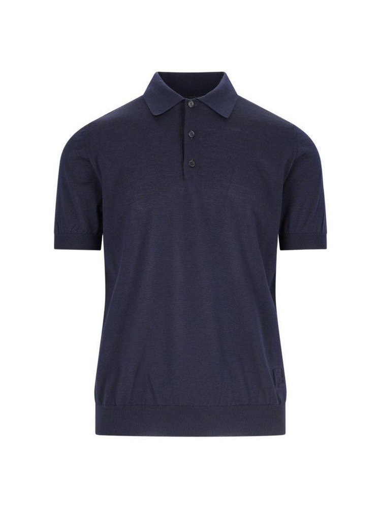 Fendi Roma FF Logo Patch Navy Wool Knit Polo Shirt Men’s IT 50 Made in Italy