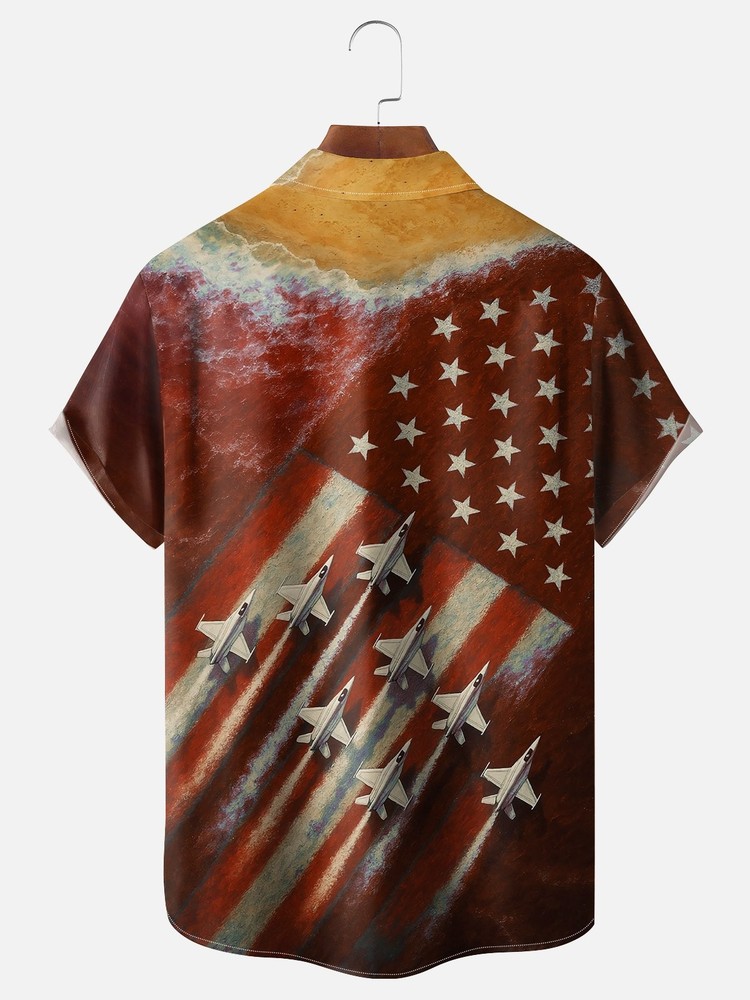 American Flag Funny Landscape Beach Stars and Stripes Chest Pocket Casual Shirt