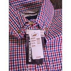 Turnrows Mens Medium Navy Red Gingham Cotton Fishing Button Down Shirt NWT