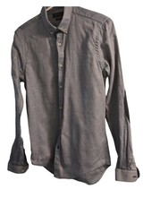 Zara Men’s Solid Button-Down Shirt Blue Cotton Woven Elbow Patch Long Sleeve S
