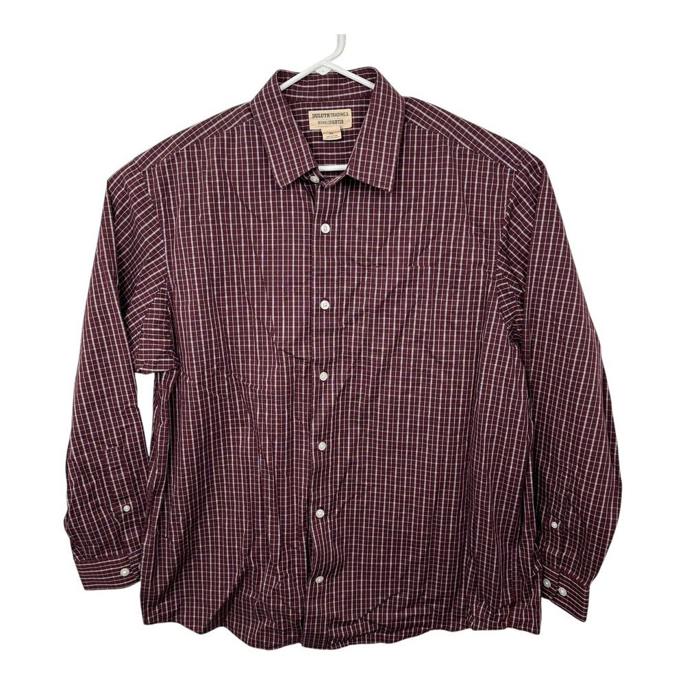 Duluth Trading Wrinkle Fighter Button Down Shirt Plaid Mens Sz XL Maroon Wine