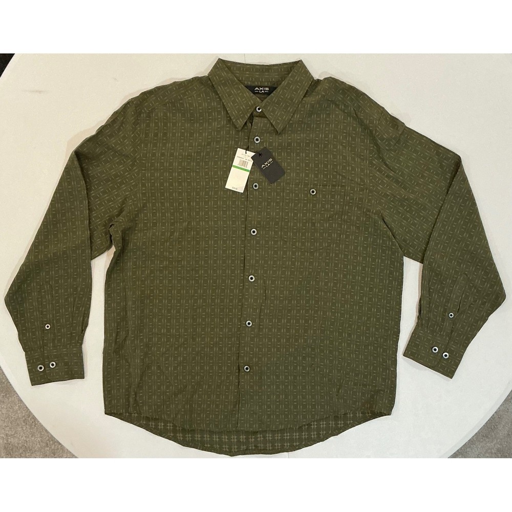 Axis LA Button Geometric Modal Blend Down Shirt Olive Green Mens Office L NWT