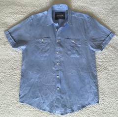 Bruno Mens M 100% Linen Shirt Solid Light Blue Cuff Short Sleeve Button Pockets