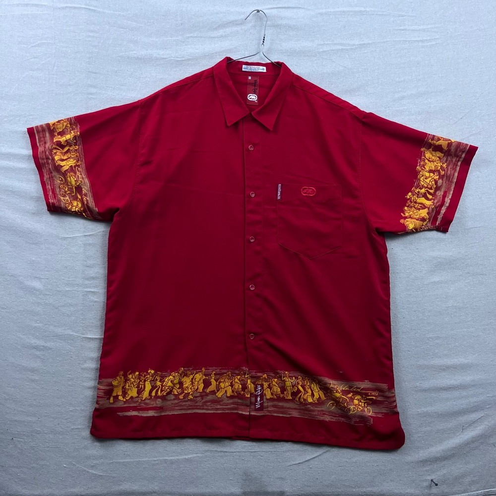 Vintage Ecko Unltd Button Down Shirt XL Red Graphic Border Print Marc Ecko Rhino