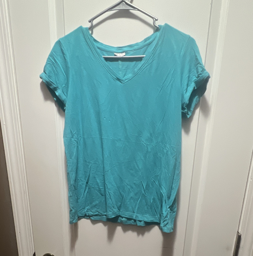 Max Studio Unisex Adults M Blue Solid V-Neck Short Sleeve Cotton Blend Tee