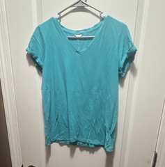 Max Studio Unisex Adults M Blue Solid V-Neck Short Sleeve Cotton Blend Tee