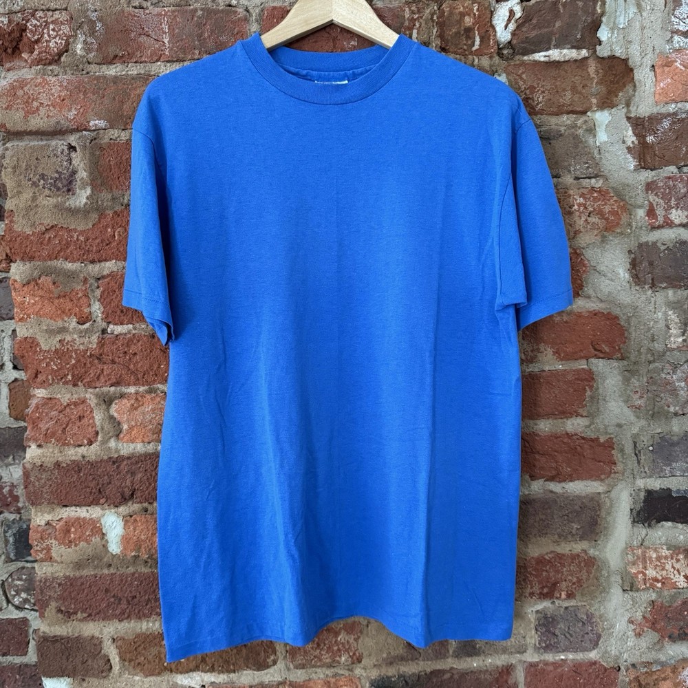 Vintage 80s 90s Solid Blue Soft Blank T Shirt Size Large Hanes 50/50 Workwear