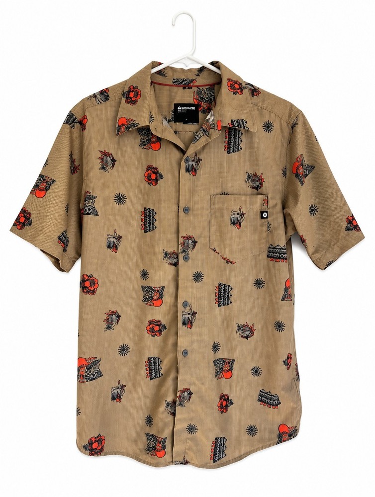 Marmot Men’s M Short Sleeve Button Up Shirt Tan Outdoor Graphic Print