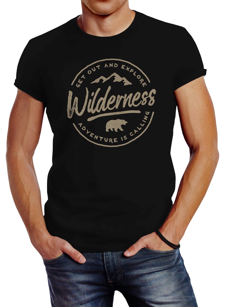 Neverless® Men’s Adventure Logo Mountains Mountain Bear Wilderness T-Shirt