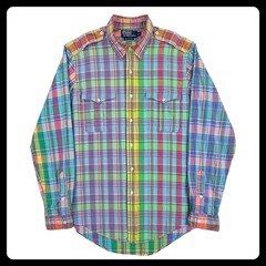 Vintage Polo Ralph Lauren Trim Military Shirt Men Large Madras Plaid Epaulettes