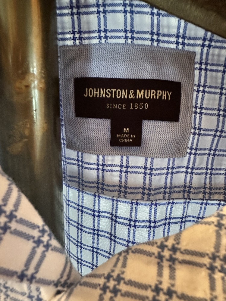 Johnston & Murphy M Blue Graph Check Windowpane Plaid Button Shirt 100% Cotton