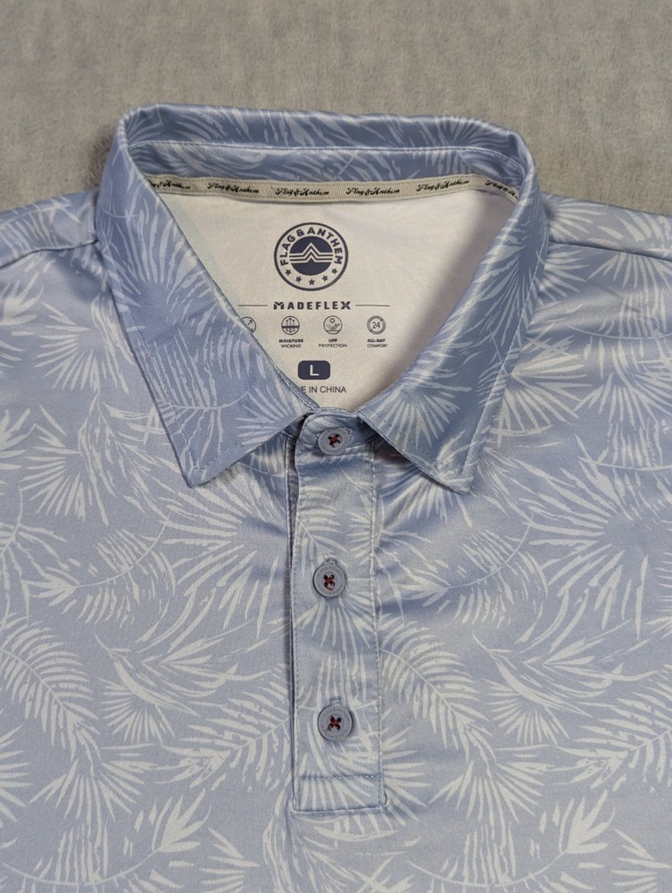 Flag & Anthem MadeFlex Golf Performance Polo Shirt Mens L – Light Blue Palm Leaf