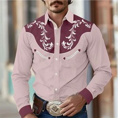 Men’s Western Cowboy Shirt Long Sleeve Retro Printing Casual Buttons Down Shirt
