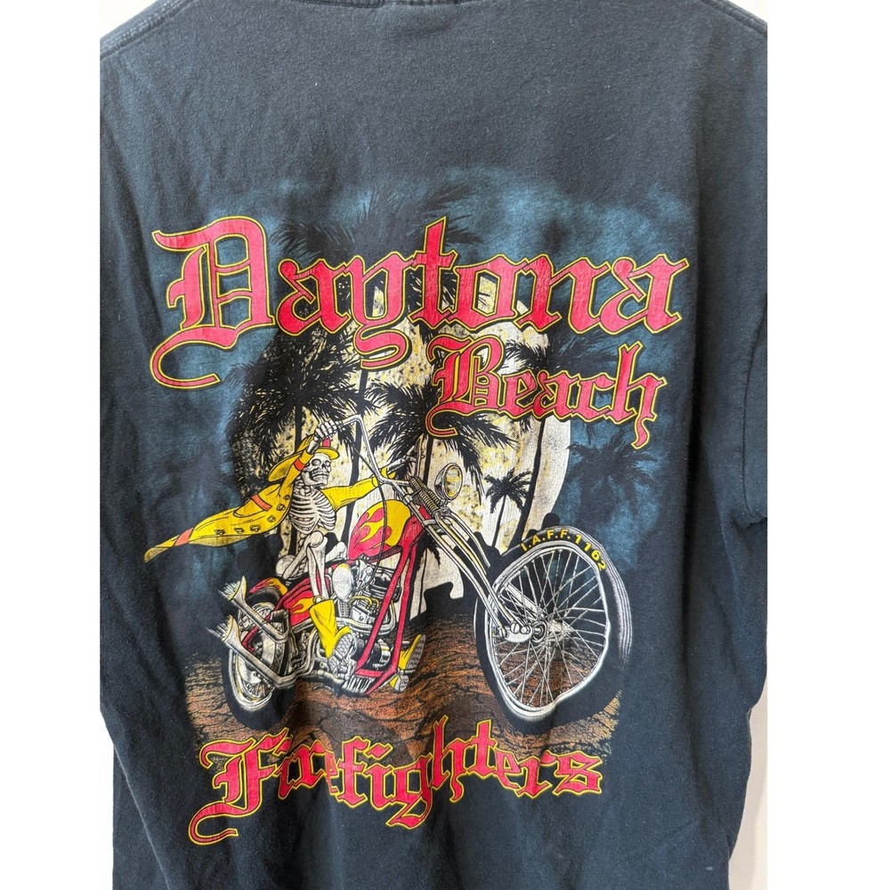 Daytona Beach Firefighters Skeleton Chopper T-Shirt Black Mens Large L Hanes