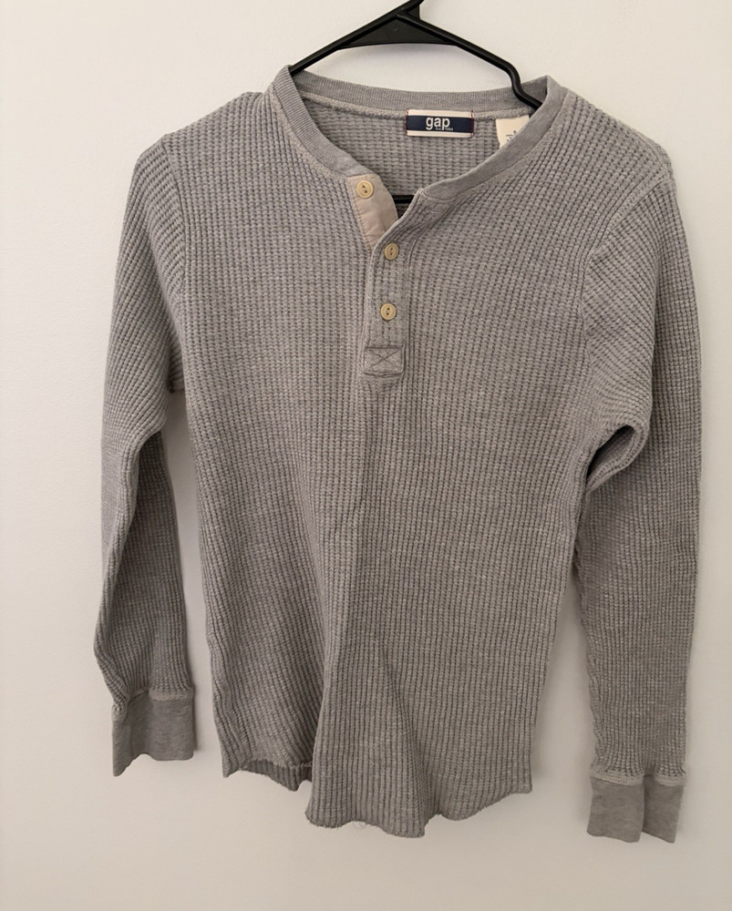 Gap Men’s S Regular Gray Solid Waffle Knit Henley Button Long Sleeve T-Shirt