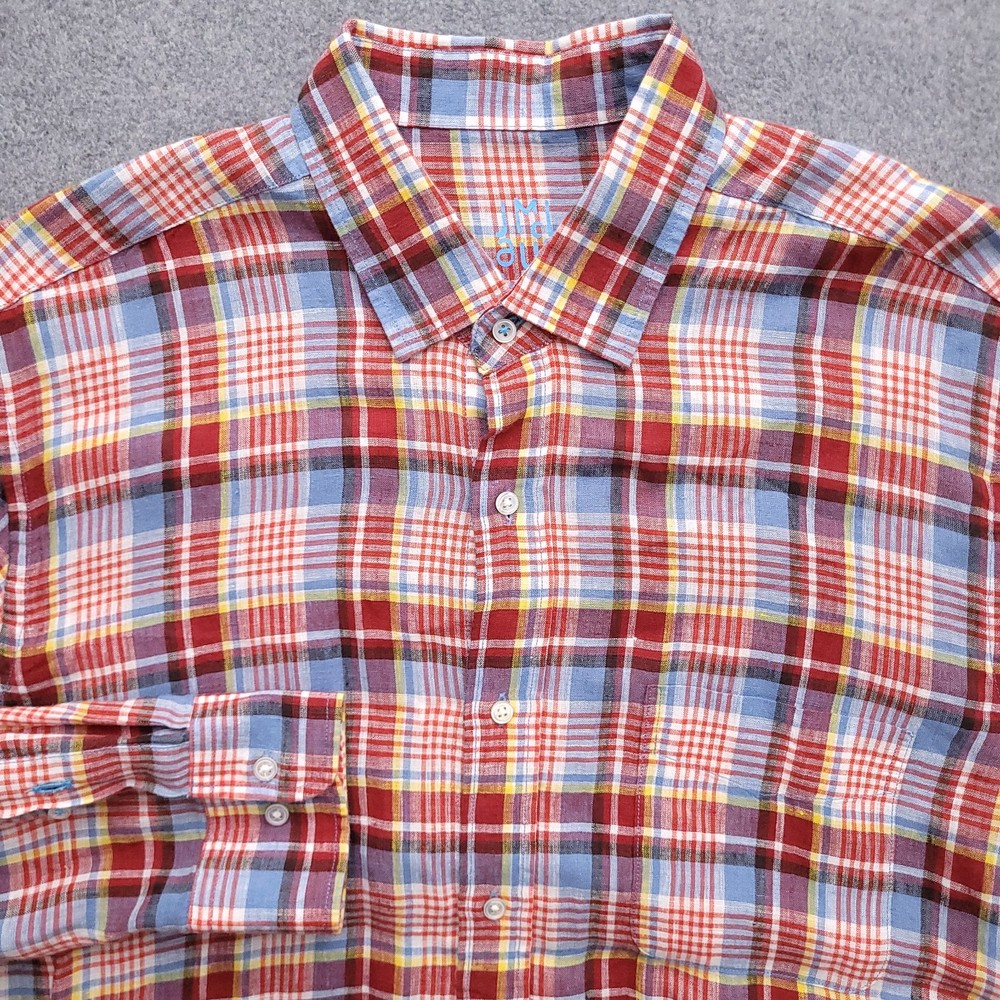 J Mclaughlin Gramercy Linen Button Up Shirt Mens Large Plaid Long Sleeve Casual