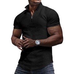 Solid color zip-up small checkered summer breathable Polo shirt men’s T-shirt