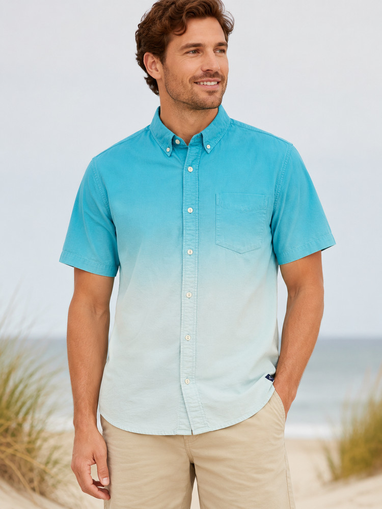 Sperry Mens Large Ombre Button Down Shirt Blue White 100% Cotton Short Sleeve