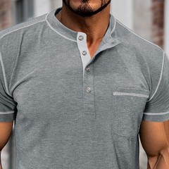 Men Short Sleeve Solid Half Open Collar T-shirt Button Pullover Casual Tee