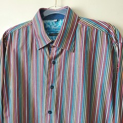 Visconti Men Colorful Stripe Button Down Shirt L Luxury Preppy Tailored Classic